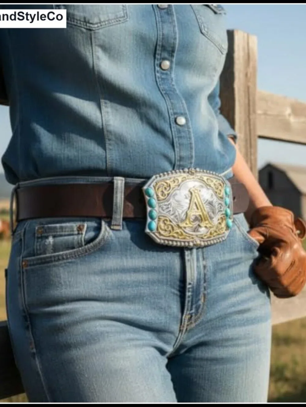 Western Cowboy Belt Buckle with Initials Turquoise Design Zinc Alloy